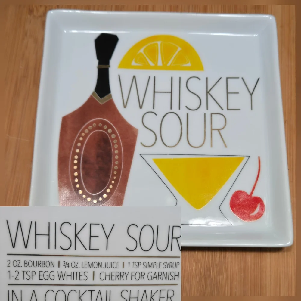 Crate & Barrel WHISKEY SOUR Appetizer Plate Trinket Dish, recipe on back